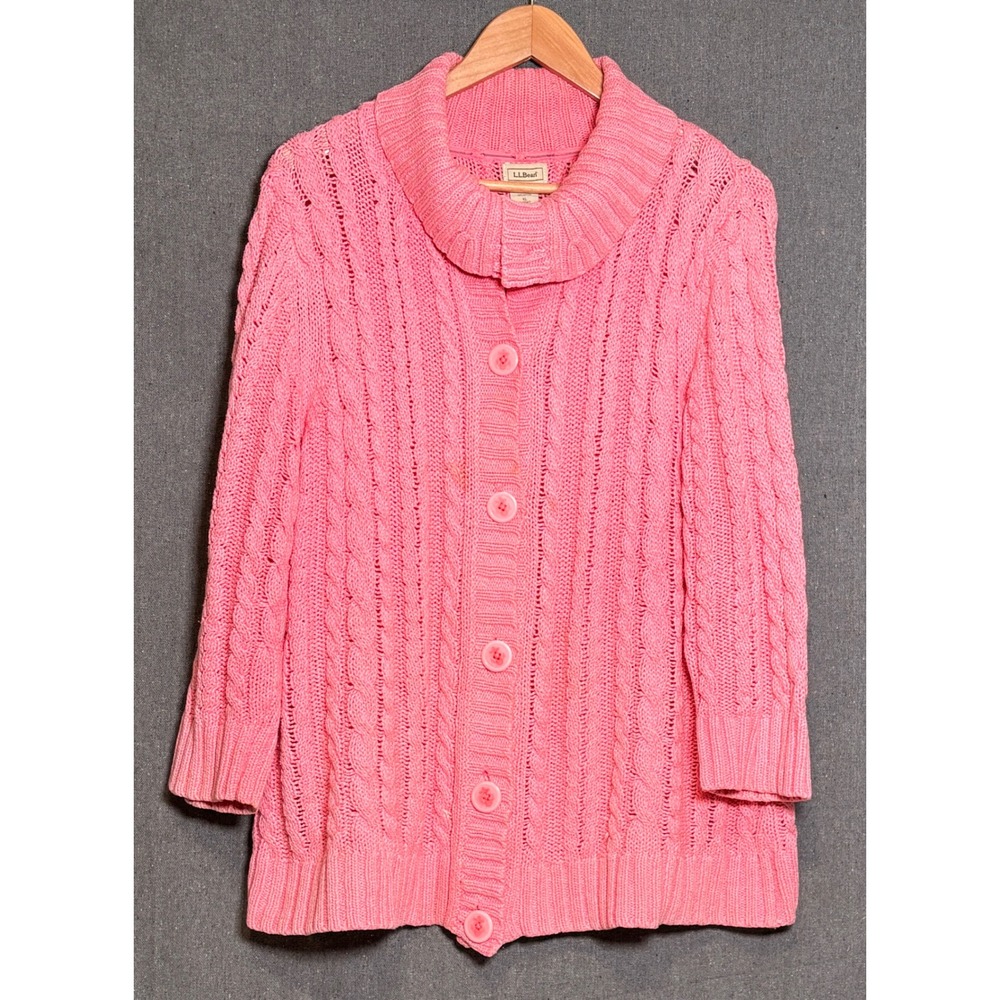LL Bean Pink Cable Knit Cardigan Sweater Womens XL Cotton Shawl Collar